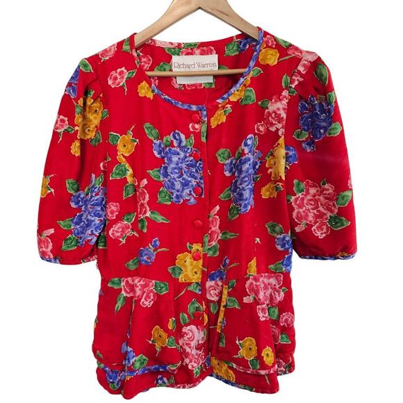 Vintage Richard Warren Silk Blouse Women Sz 10 Red Peplum 80s Glam Floral Girly - Picture 1 of 9